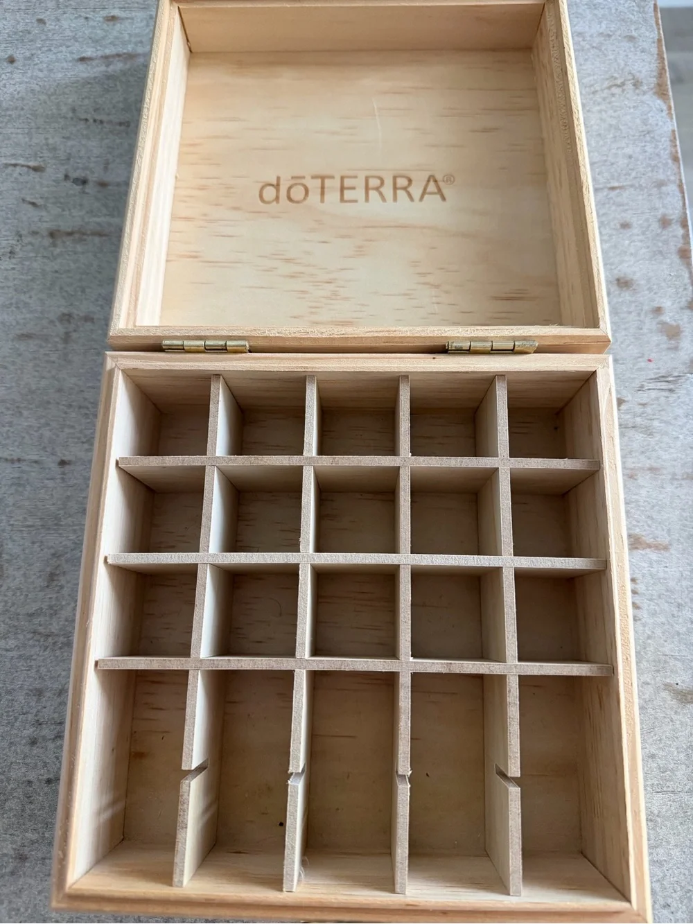 Doterra Light Wood Storage Box with Brass Latch, stickers included.